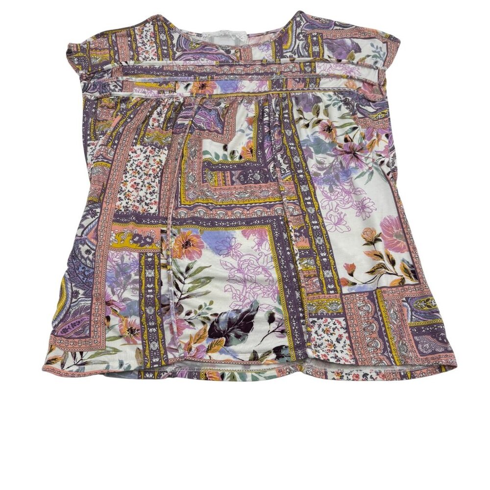 Cupio‎ Women's size Medium Floral Patchwork Print Cap Sleeve Top Blouse Stretch
